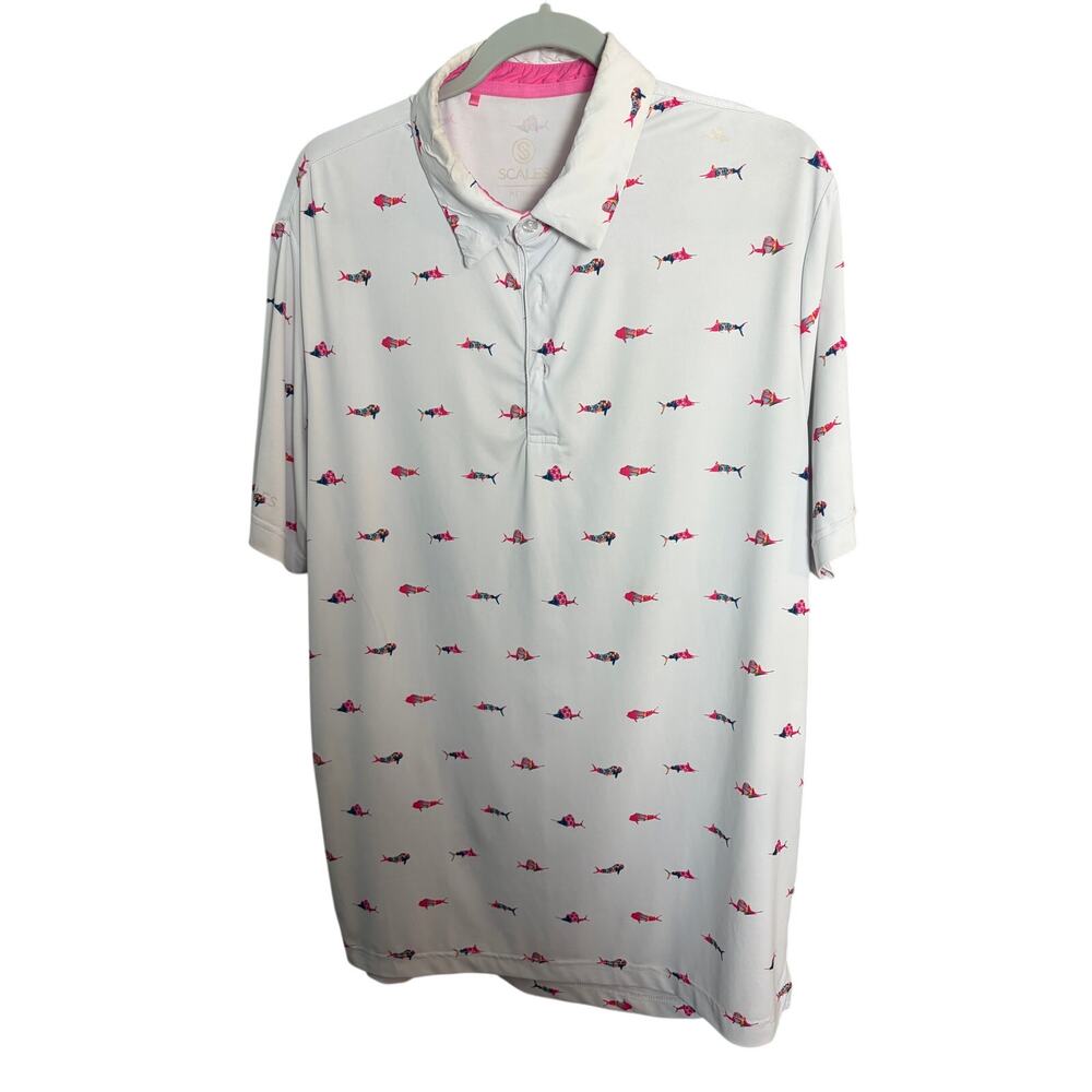 Scales Gear Performance Golf Polo Shirt Men's Medium White Pink Fish Print Polo